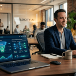 Emprendedor analizando un flujo automatizado de generación de leads con IA en la pantalla de su ordenador portátil