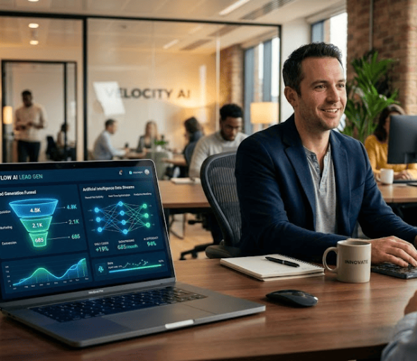 Emprendedor analizando un flujo automatizado de generación de leads con IA en la pantalla de su ordenador portátil
