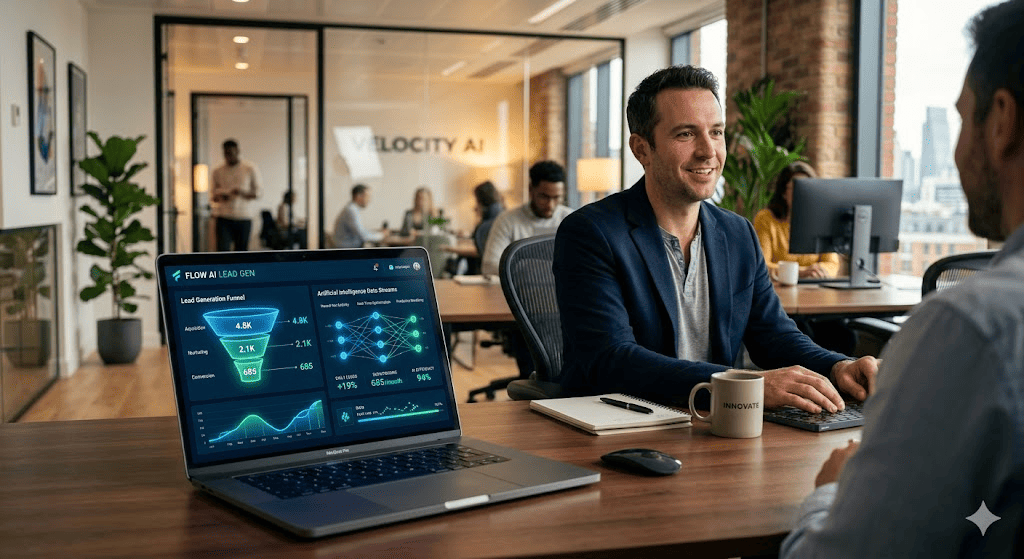 Emprendedor analizando un flujo automatizado de generación de leads con IA en la pantalla de su ordenador portátil